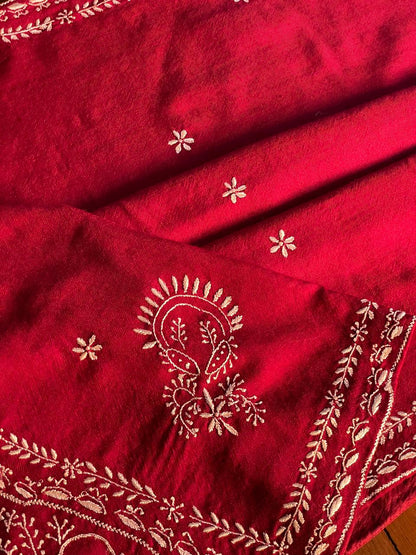 Warm Red Shade Saman Pashmina Resham Thread Chikankari Stole