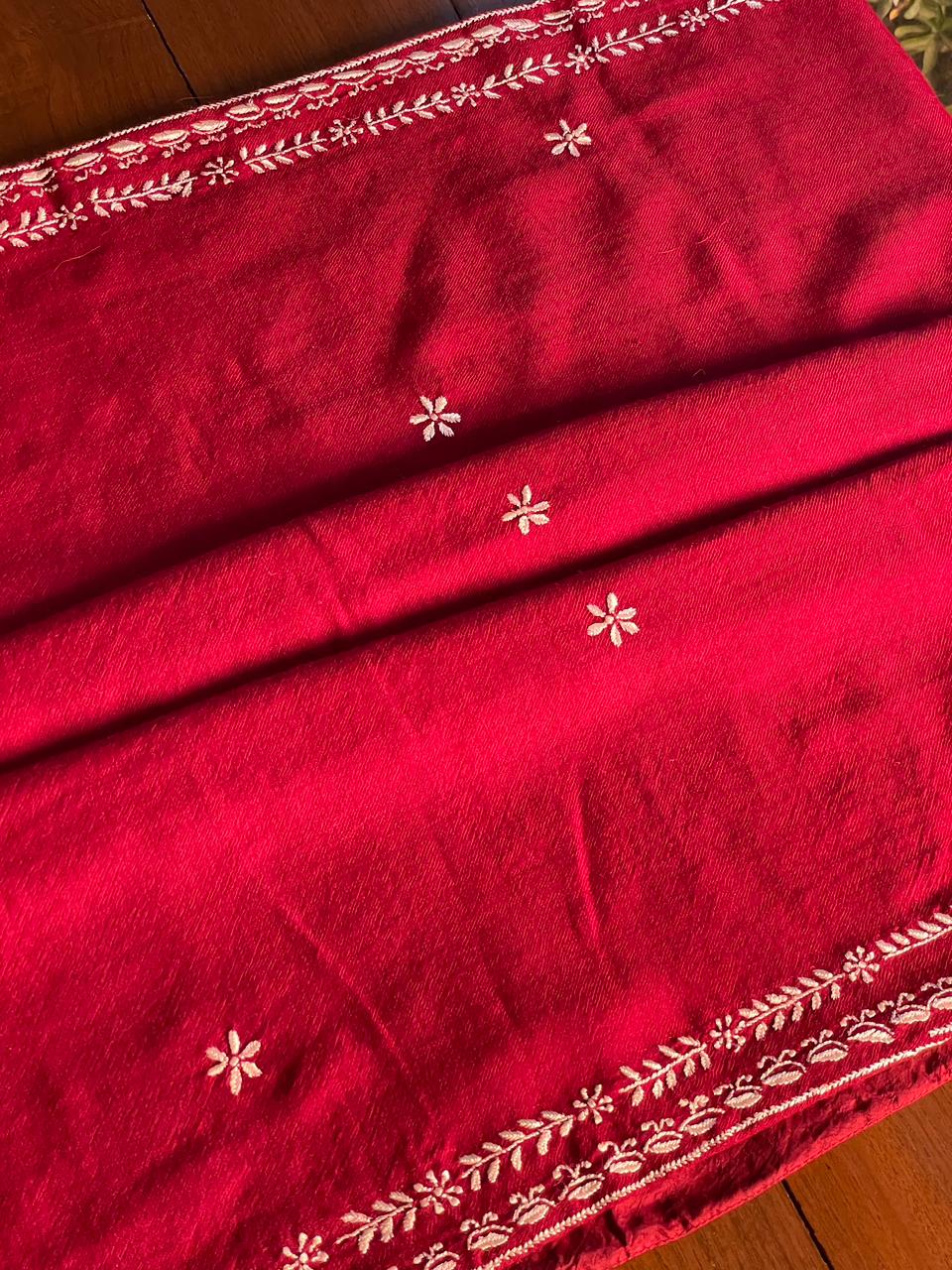 Warm Red Shade Saman Pashmina Resham Thread Chikankari Stole