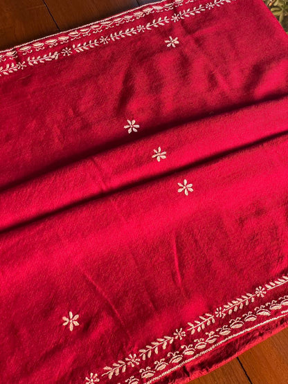 Warm Red Shade Saman Pashmina Resham Thread Chikankari Stole