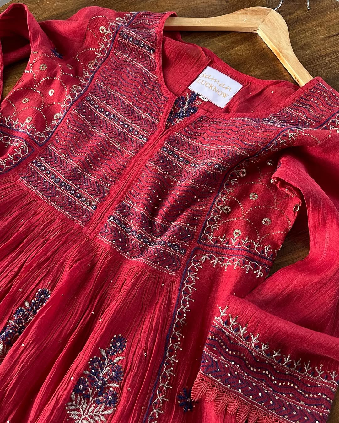 Saman Watermelon Red | Malmal Mukaish Kamdani Chikankari Stitched Kurta Dupatta Set