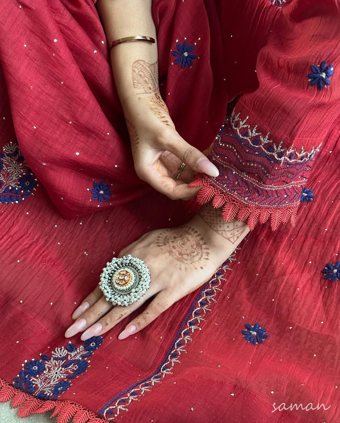 Saman Watermelon Red | Malmal Mukaish Kamdani Chikankari Stitched Kurta Dupatta Set