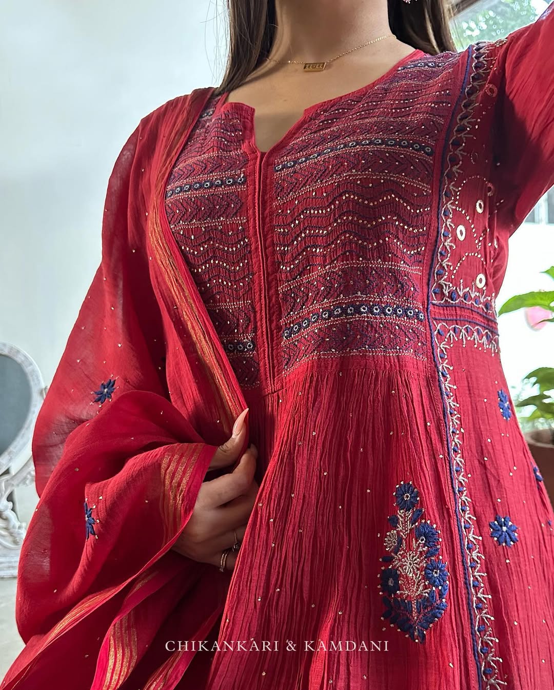 Saman Watermelon Red | Malmal Mukaish Kamdani Chikankari Stitched Kurta Dupatta Set