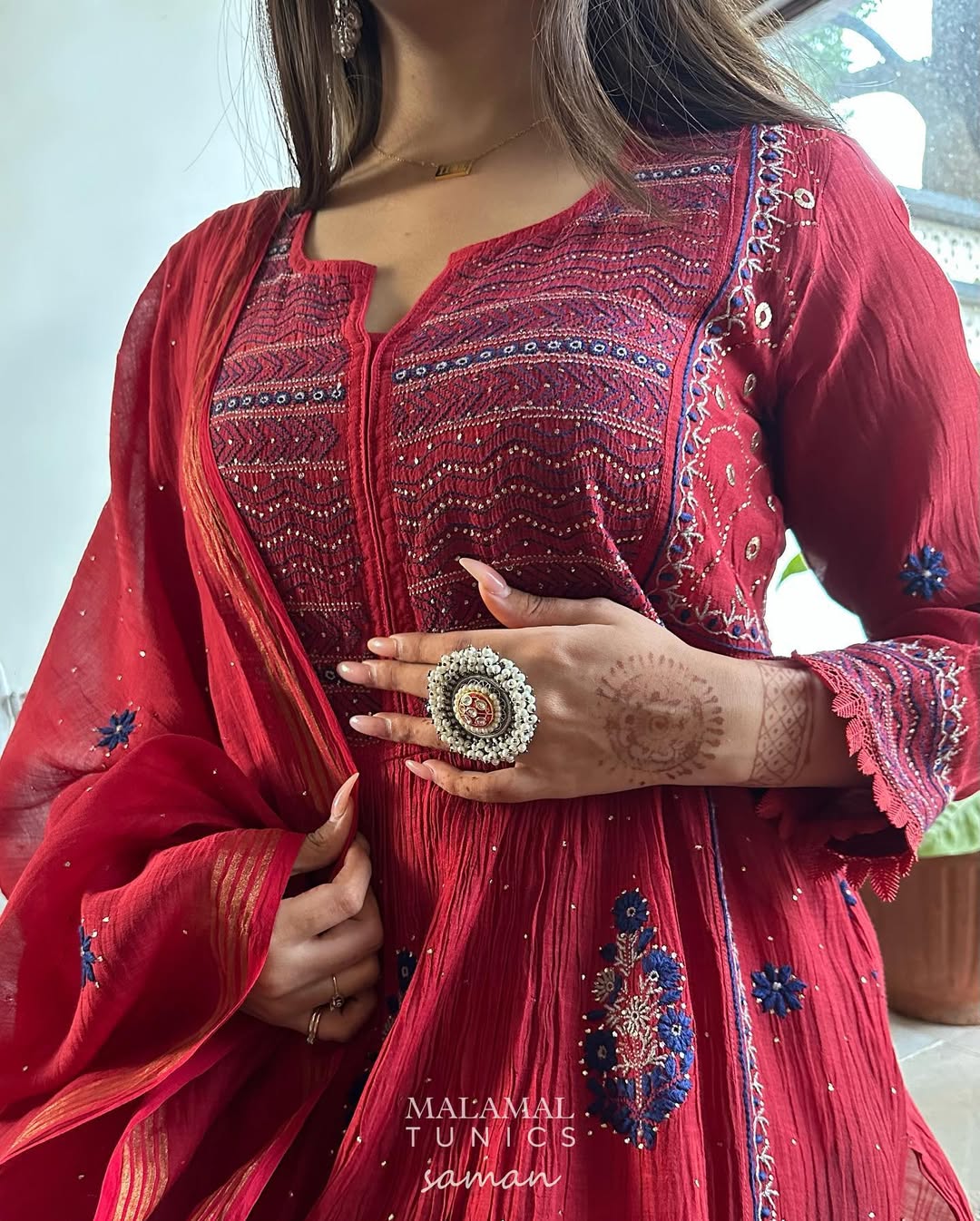 Saman Watermelon Red | Malmal Mukaish Kamdani Chikankari Stitched Kurta Dupatta Set