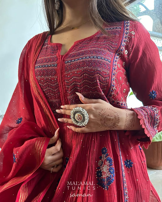 Saman Watermelon Red | Malmal Mukaish Kamdani Chikankari Stitched Kurta Dupatta Set