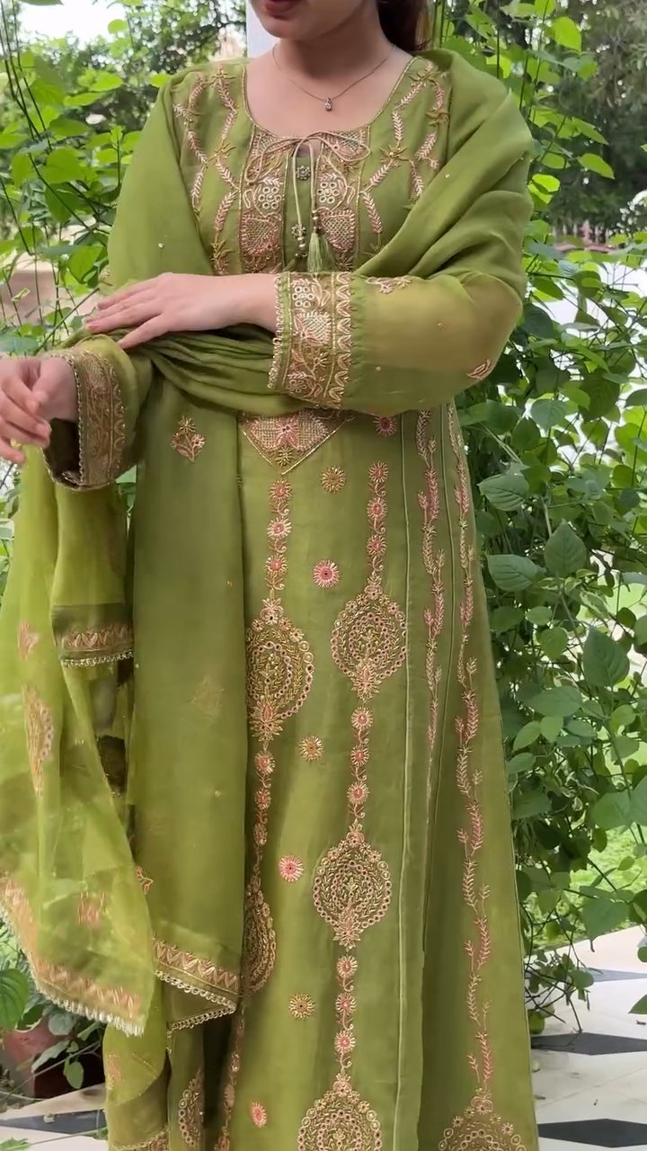 Watermelon Green & Pink Noor Organza Chikankari Anarkali With Dupatta