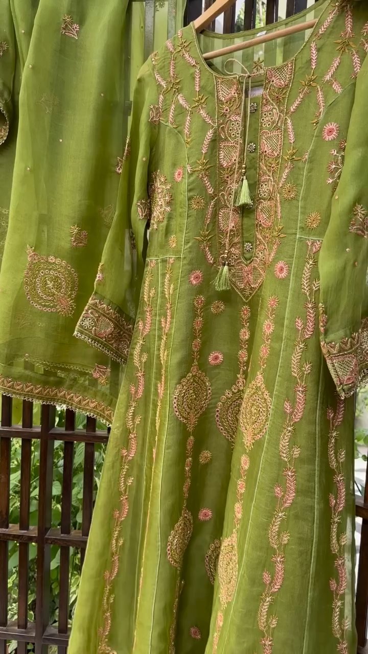 Watermelon Green & Pink Noor Organza Chikankari Anarkali With Dupatta