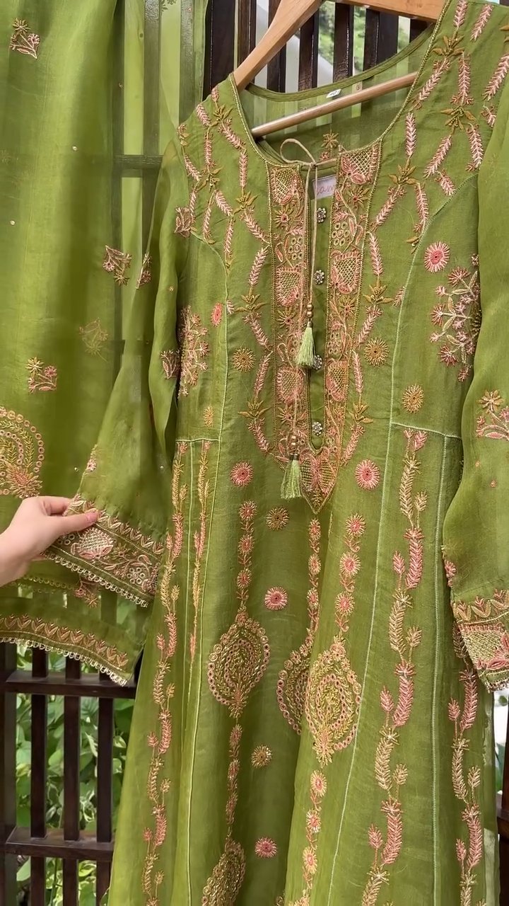 Watermelon Green & Pink Noor Organza Chikankari Anarkali With Dupatta