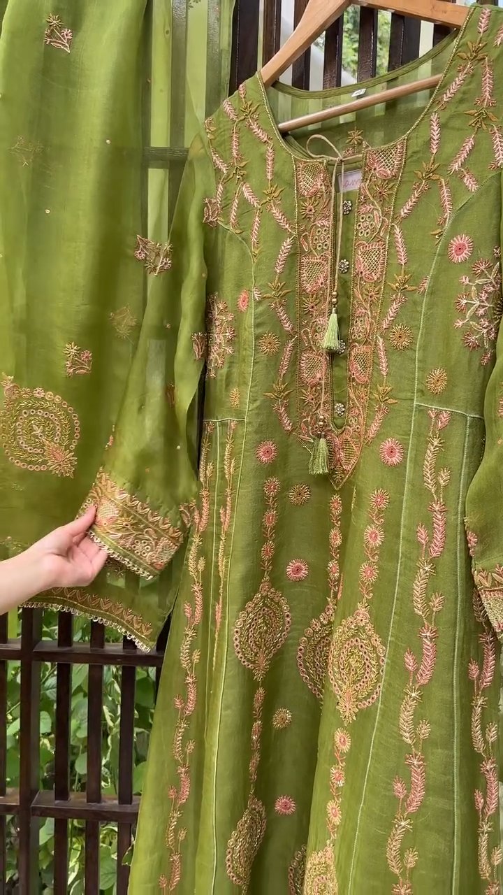 Watermelon Green & Pink Noor Organza Chikankari Anarkali With Dupatta