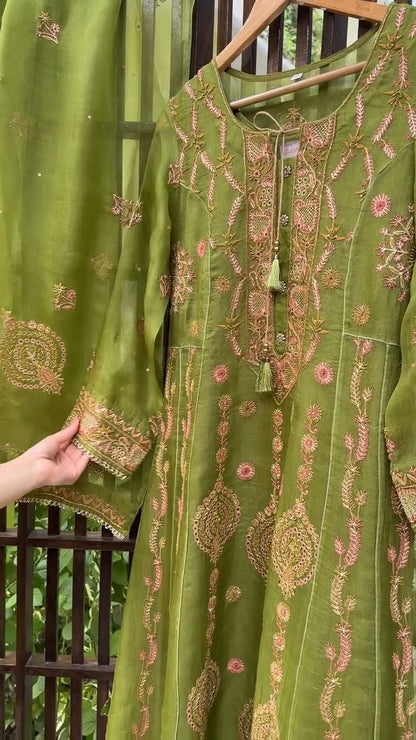 Watermelon Green & Pink Noor Organza Chikankari Anarkali With Dupatta