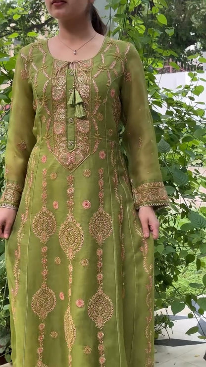 Watermelon Green & Pink Noor Organza Chikankari Anarkali With Dupatta