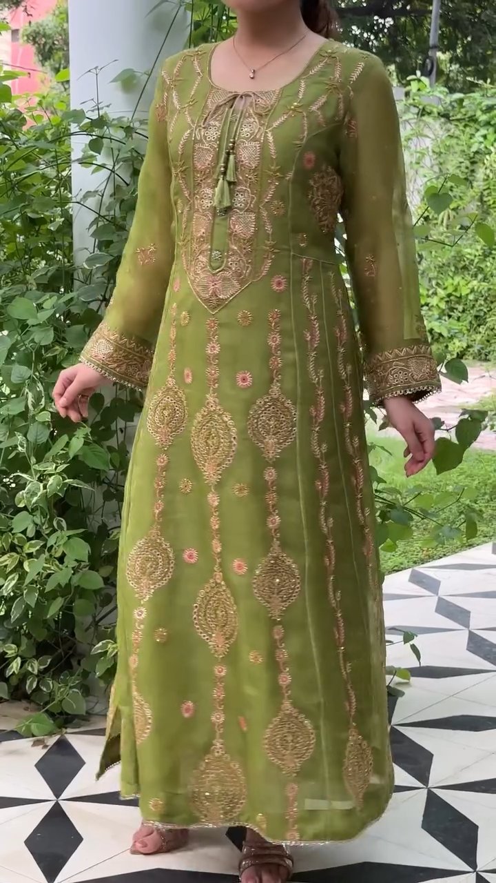 Watermelon Green & Pink Noor Organza Chikankari Anarkali With Dupatta
