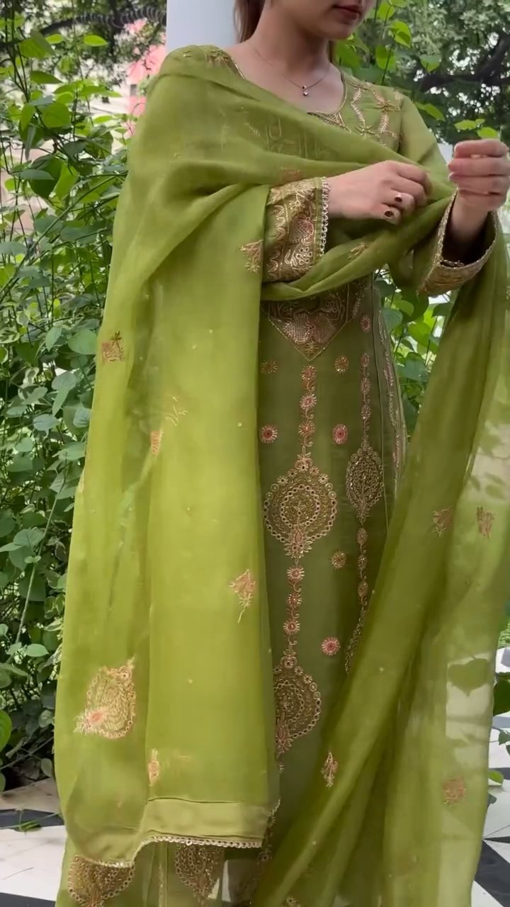 Watermelon Green & Pink Noor Organza Chikankari Anarkali With Dupatta