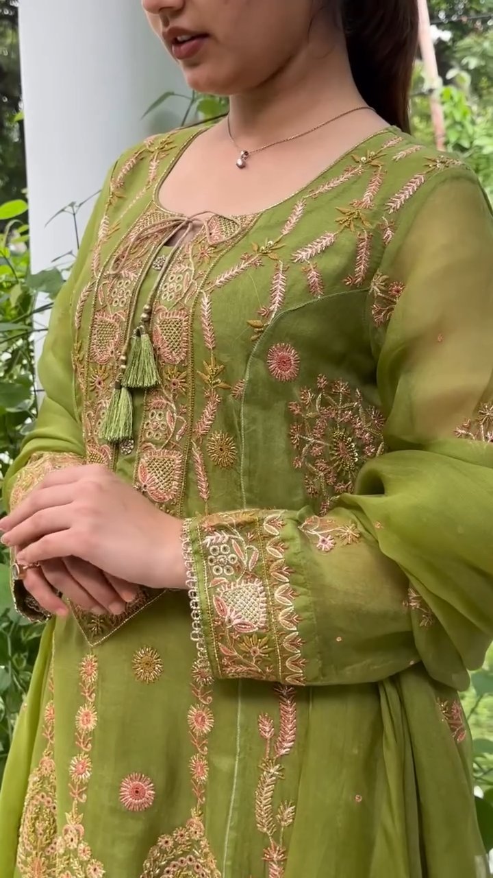 Watermelon Green & Pink Noor Organza Chikankari Anarkali With Dupatta