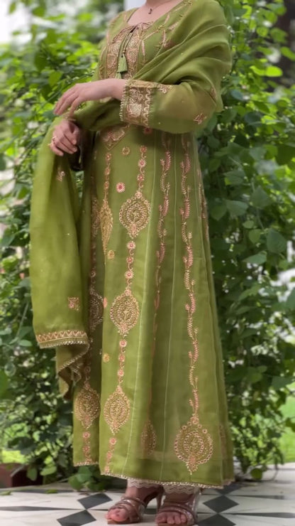 Watermelon Green & Pink Noor Organza Chikankari Anarkali With Dupatta