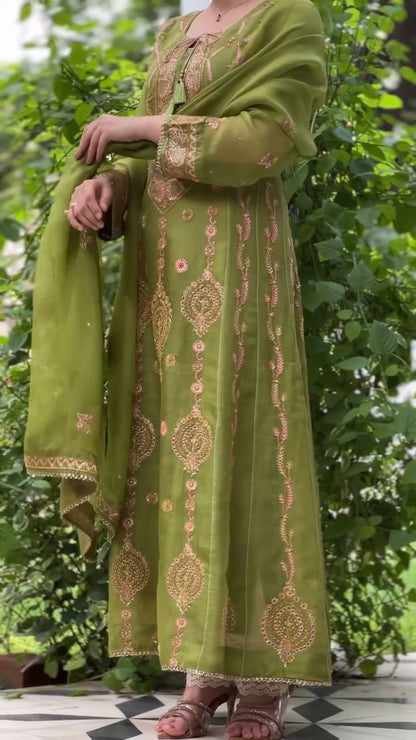 Watermelon Green & Pink Noor Organza Chikankari Anarkali With Dupatta