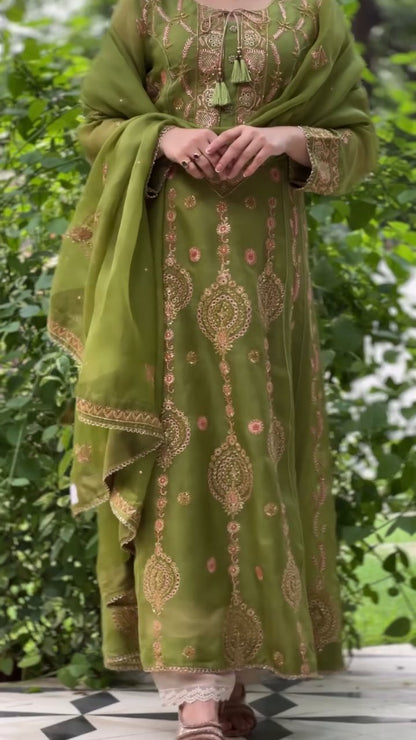 Watermelon Green & Pink Noor Organza Chikankari Anarkali With Dupatta