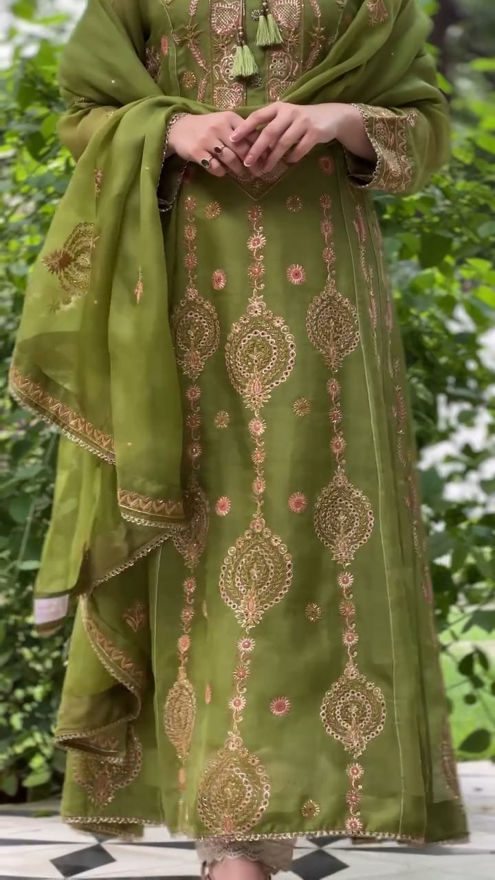 Watermelon Green & Pink Noor Organza Chikankari Anarkali With Dupatta