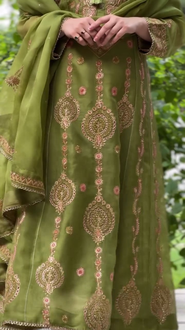Watermelon Green & Pink Noor Organza Chikankari Anarkali With Dupatta