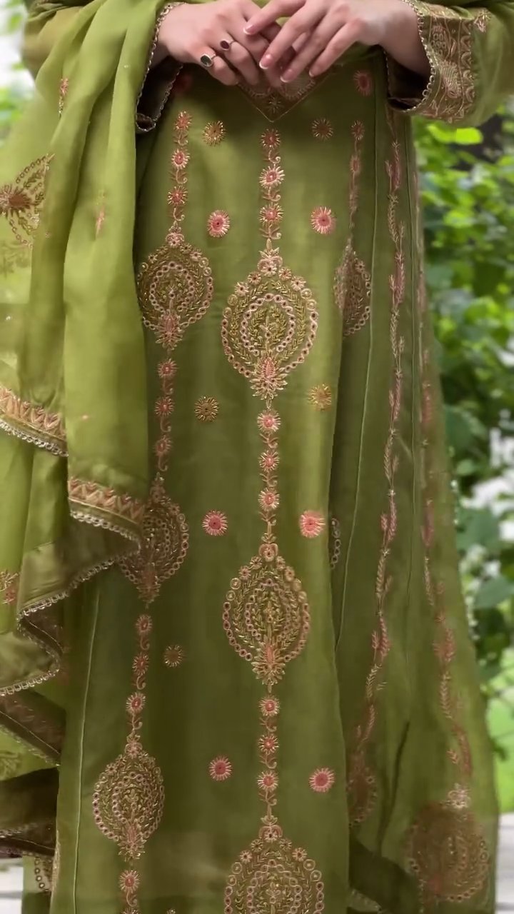 Watermelon Green & Pink Noor Organza Chikankari Anarkali With Dupatta