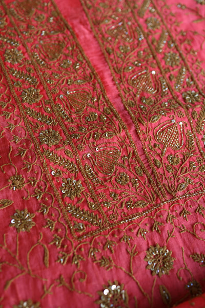 Watermelon Pink Shade Noor Organza Silk Chikankari Unstitched Kurta Dupatta Set