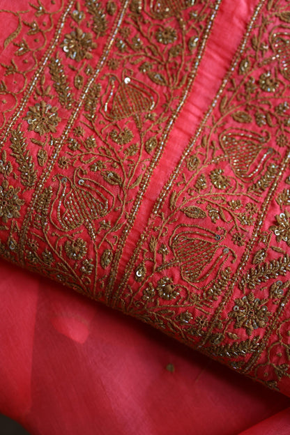 Watermelon Pink Shade Noor Organza Silk Chikankari Unstitched Kurta Dupatta Set