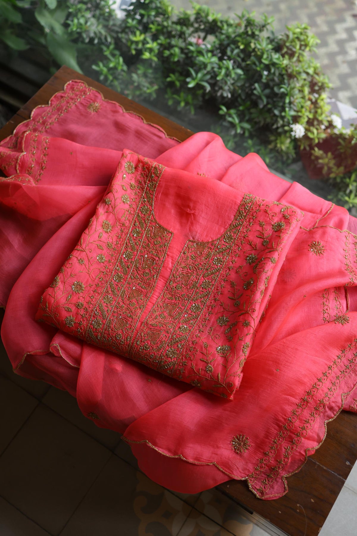 Watermelon Pink Shade Noor Organza Silk Chikankari Unstitched Kurta Dupatta Set