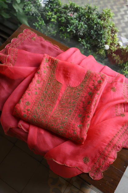 Watermelon Pink Shade Noor Organza Silk Chikankari Unstitched Kurta Dupatta Set