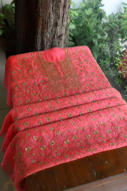 Watermelon Pink Shade Noor Organza Silk Chikankari Unstitched Kurta Dupatta Set