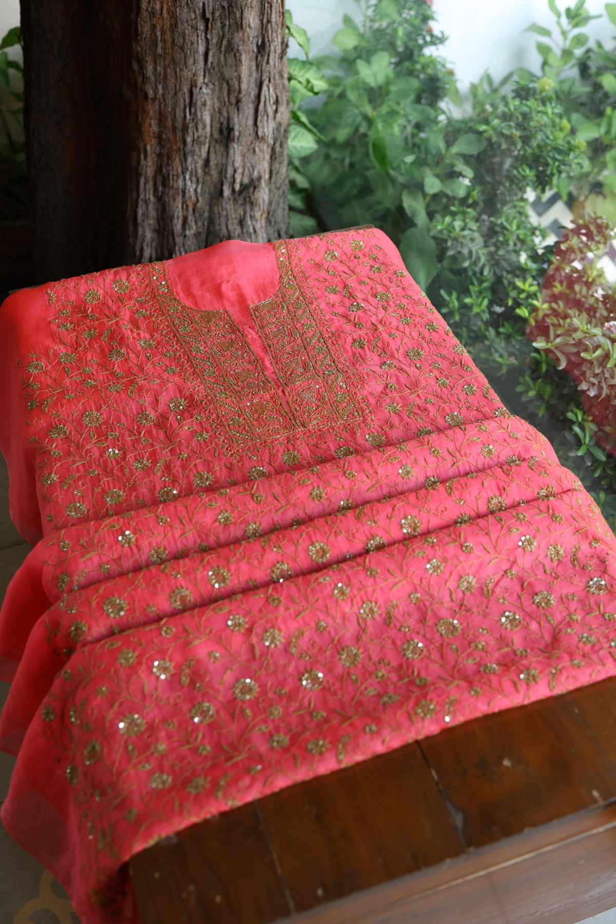 Watermelon Pink Shade Noor Organza Silk Chikankari Unstitched Kurta Dupatta Set