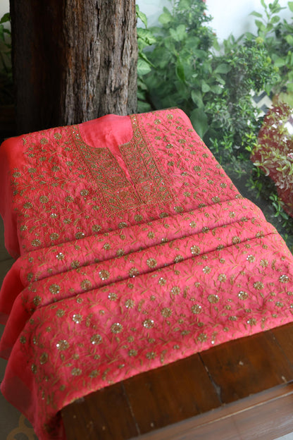 Watermelon Pink Shade Noor Organza Silk Chikankari Unstitched Kurta Dupatta Set