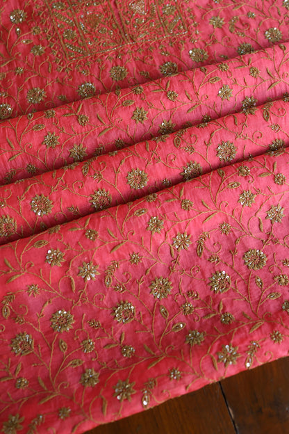 Watermelon Pink Shade Noor Organza Silk Chikankari Unstitched Kurta Dupatta Set