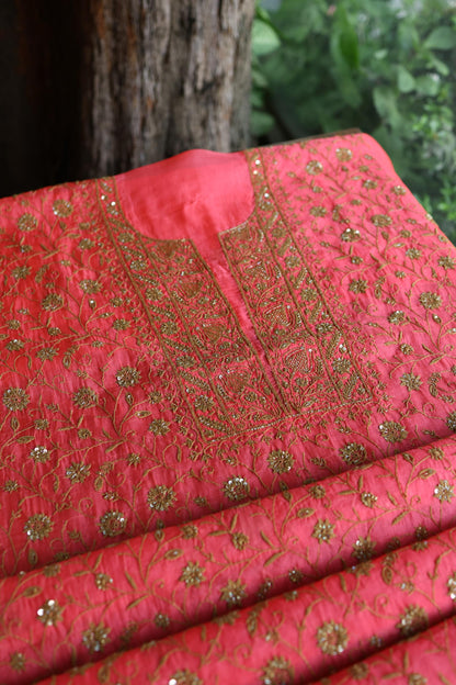 Watermelon Pink Shade Noor Organza Silk Chikankari Unstitched Kurta Dupatta Set