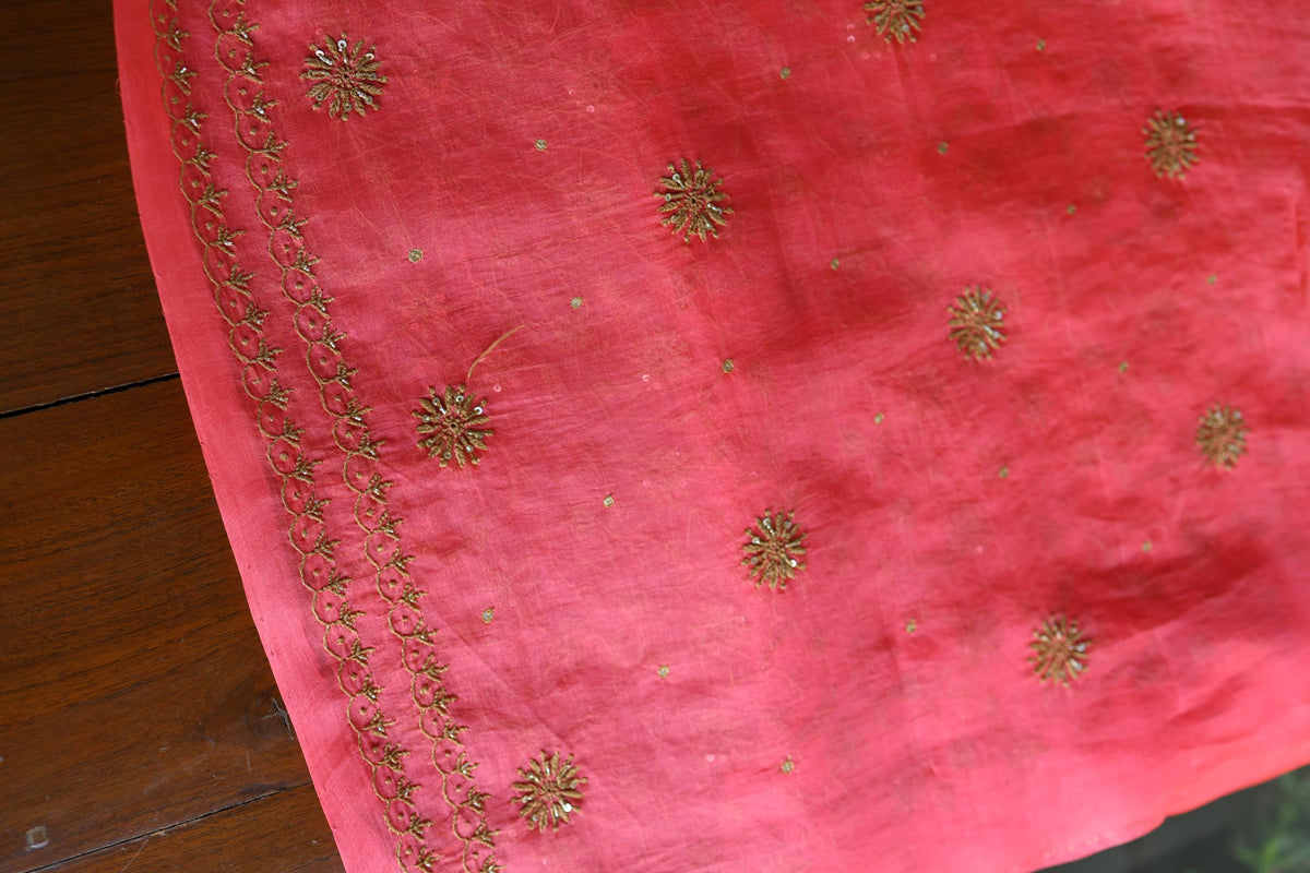 Watermelon Pink Shade Noor Organza Silk Chikankari Unstitched Kurta Dupatta Set