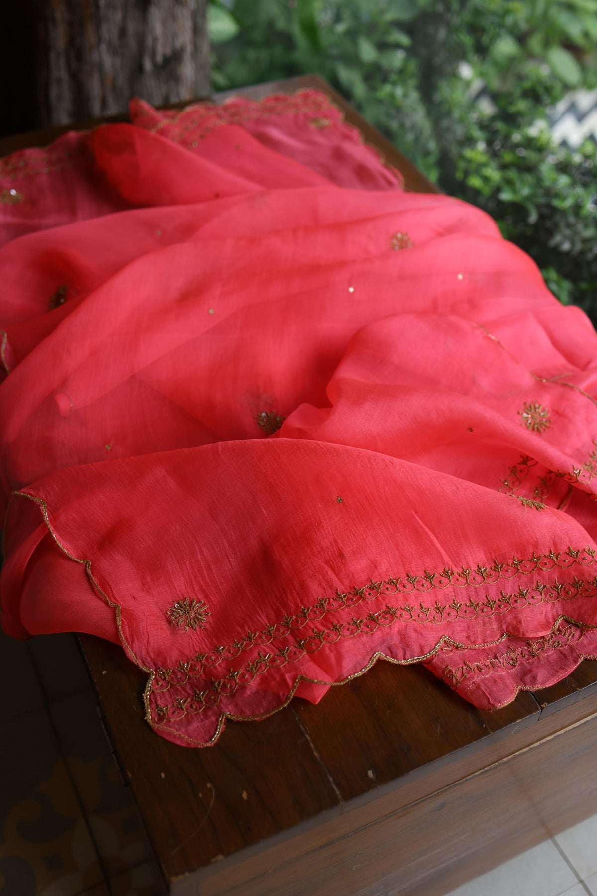 Watermelon Pink Shade Noor Organza Silk Chikankari Unstitched Kurta Dupatta Set
