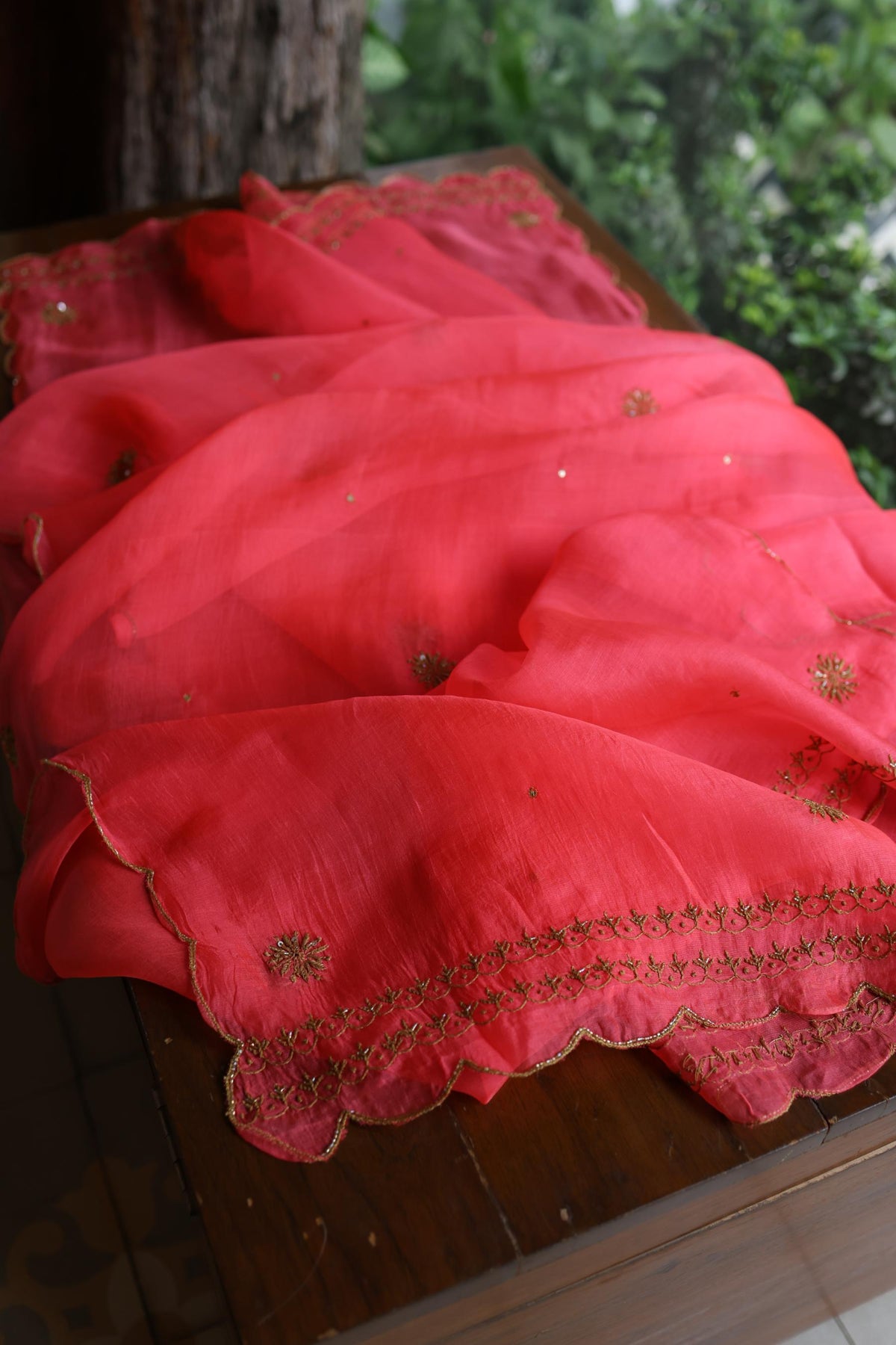 Watermelon Pink Shade Noor Organza Silk Chikankari Unstitched Kurta Dupatta Set