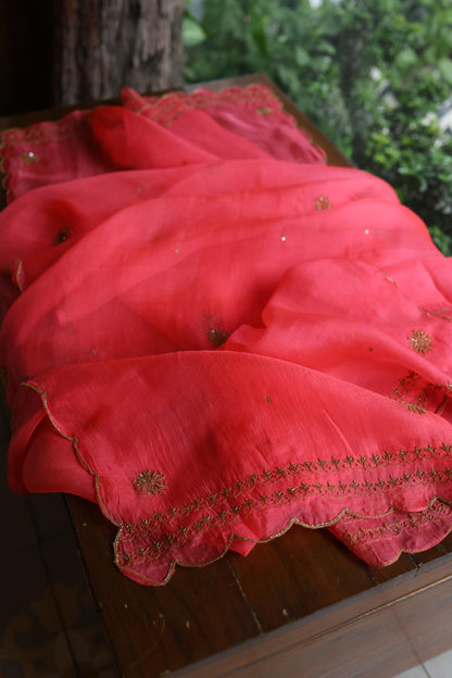Watermelon Pink Shade Noor Organza Silk Chikankari Unstitched Kurta Dupatta Set