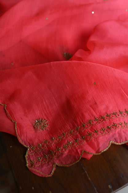 Watermelon Pink Shade Noor Organza Silk Chikankari Unstitched Kurta Dupatta Set