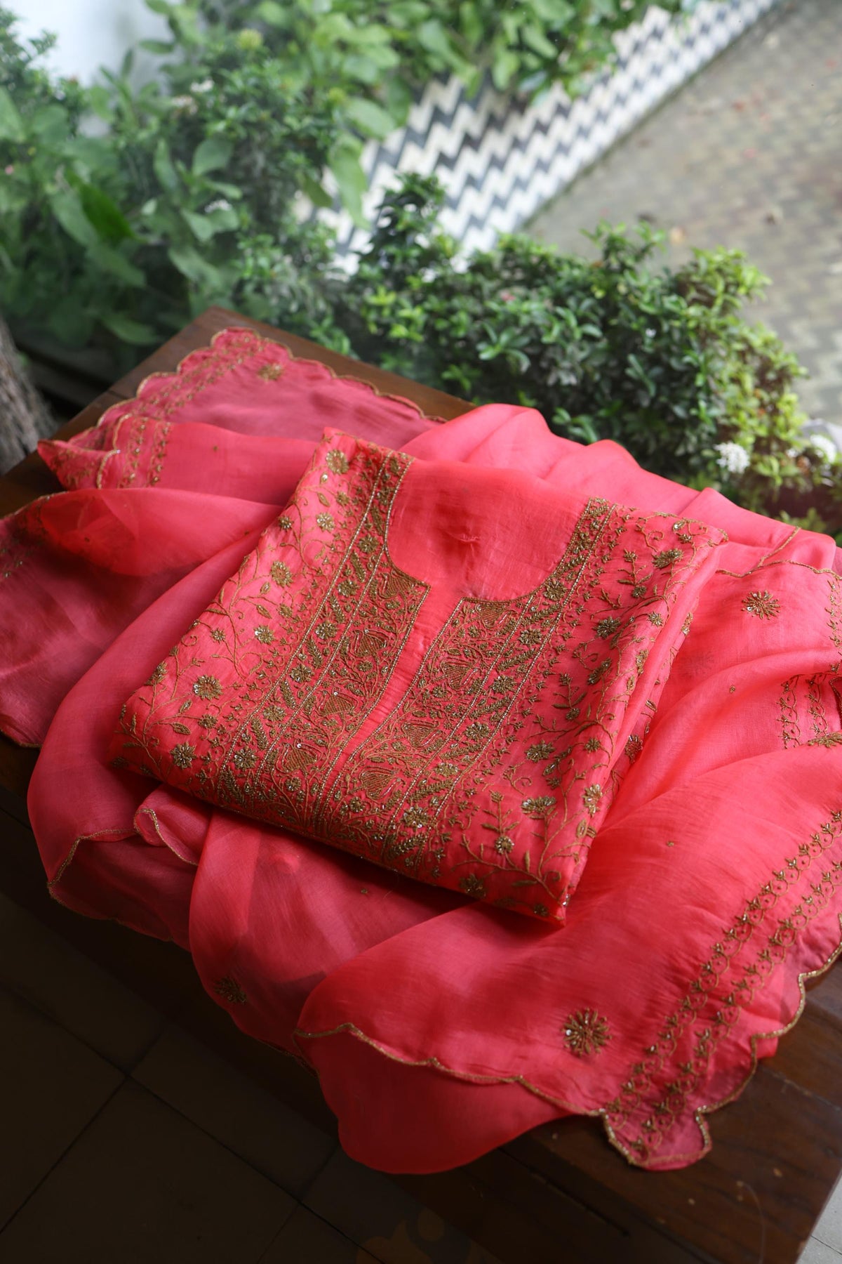 Watermelon Pink Shade Noor Organza Silk Chikankari Unstitched Kurta Dupatta Set