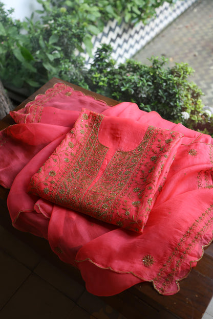 Watermelon Pink Shade Noor Organza Silk Chikankari Unstitched Kurta Dupatta Set