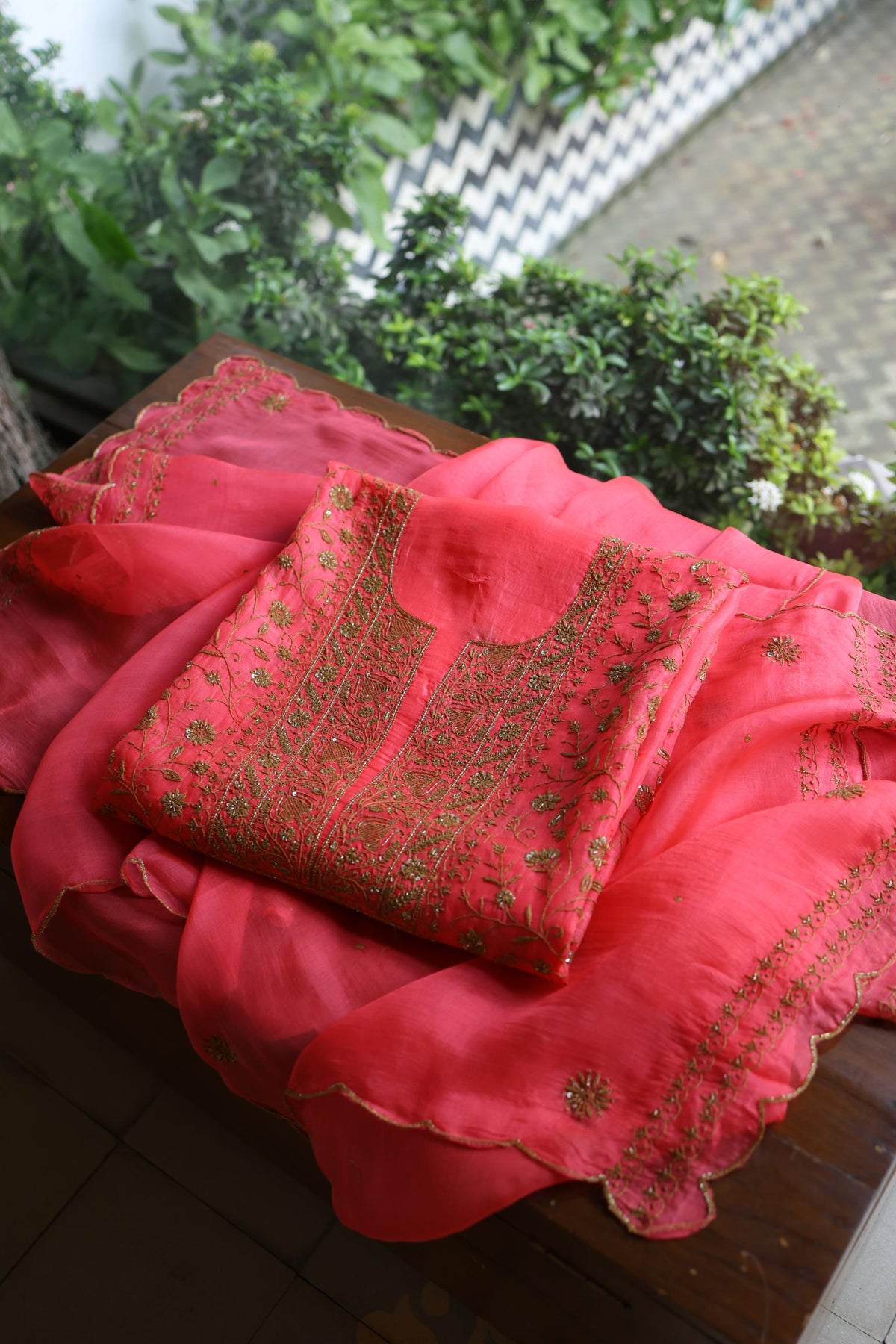 Watermelon Pink Shade Noor Organza Silk Chikankari Unstitched Kurta Dupatta Set