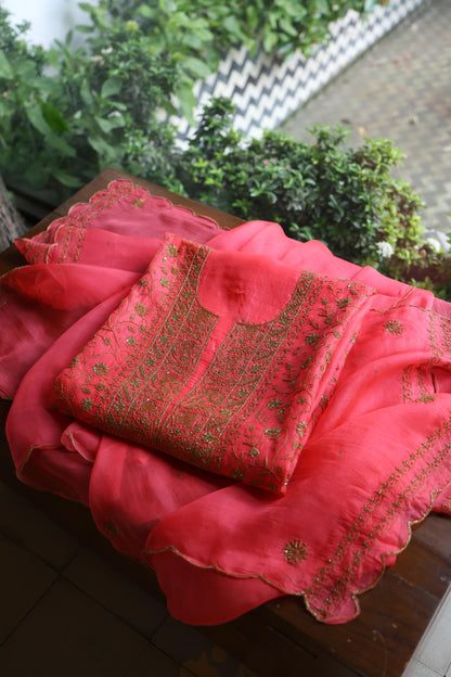 Watermelon Pink Shade Noor Organza Silk Chikankari Unstitched Kurta Dupatta Set