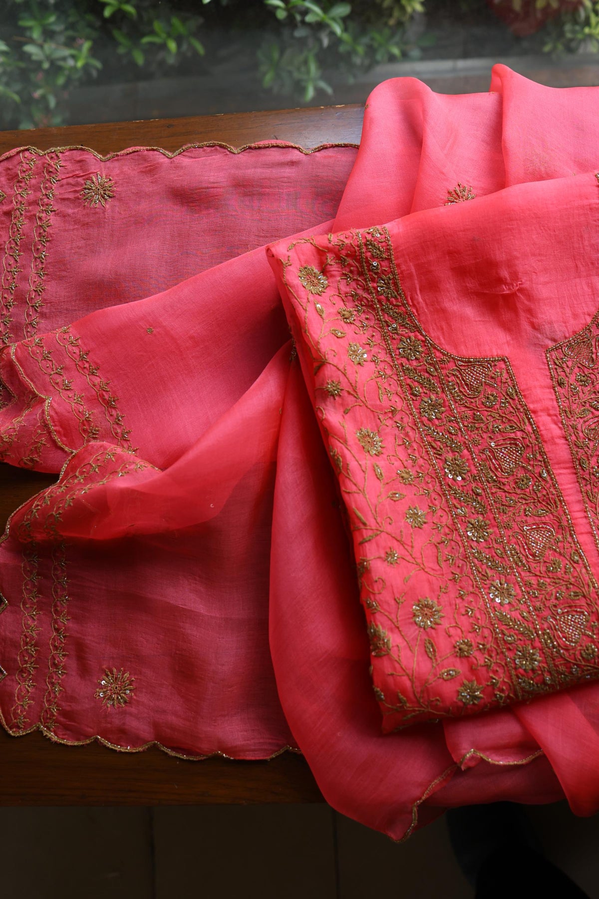 Watermelon Pink Shade Noor Organza Silk Chikankari Unstitched Kurta Dupatta Set