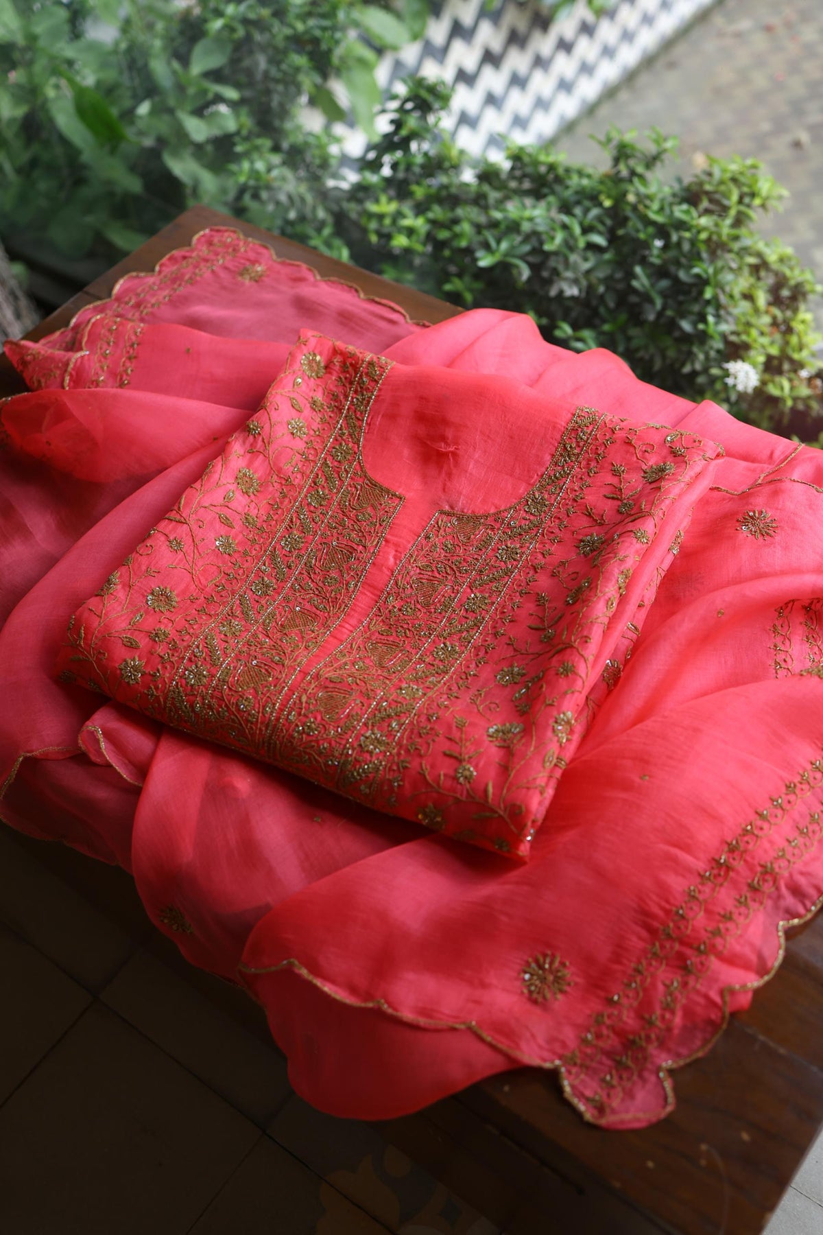 Watermelon Pink Shade Noor Organza Silk Chikankari Unstitched Kurta Dupatta Set
