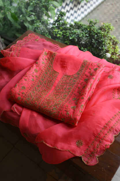 Watermelon Pink Shade Noor Organza Silk Chikankari Unstitched Kurta Dupatta Set