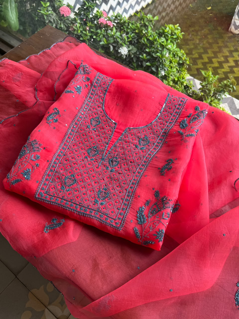 Watermelon Red Shade Noor Organza Silk Chikankari Unstitched Kurta Dupatta Set