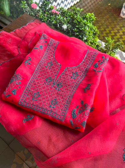 Watermelon Red Shade Noor Organza Silk Chikankari Unstitched Kurta Dupatta Set