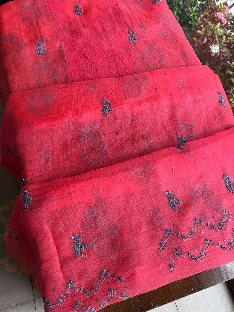 Watermelon Red Shade Noor Organza Silk Chikankari Unstitched Kurta Dupatta Set