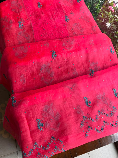 Watermelon Red Shade Noor Organza Silk Chikankari Unstitched Kurta Dupatta Set