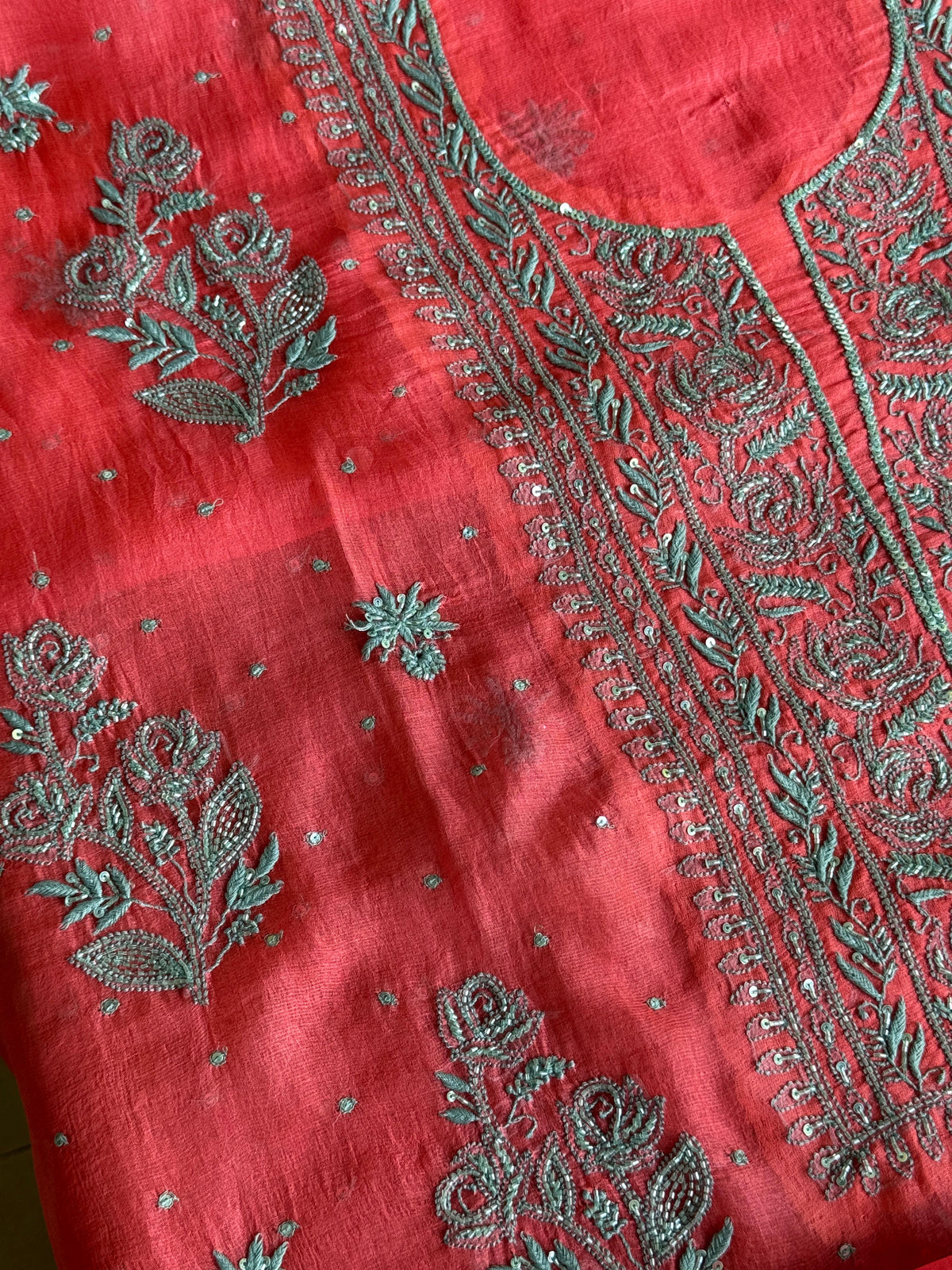 Watermelon Red Shade Noor Organza Silk Chikankari Unstitched Kurta Dupatta Set