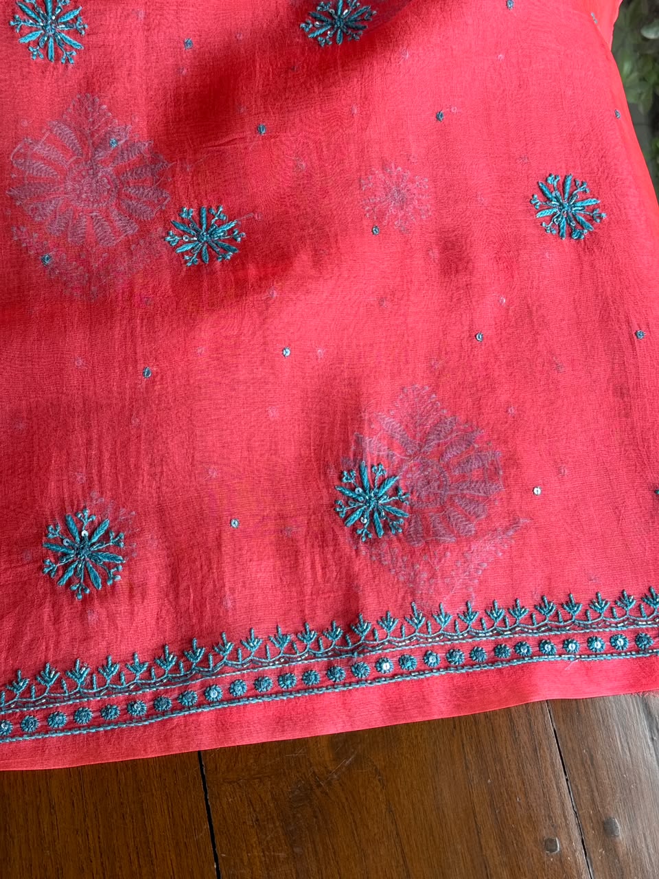 Watermelon Red Shade Noor Organza Silk Chikankari Unstitched Kurta Dupatta Set